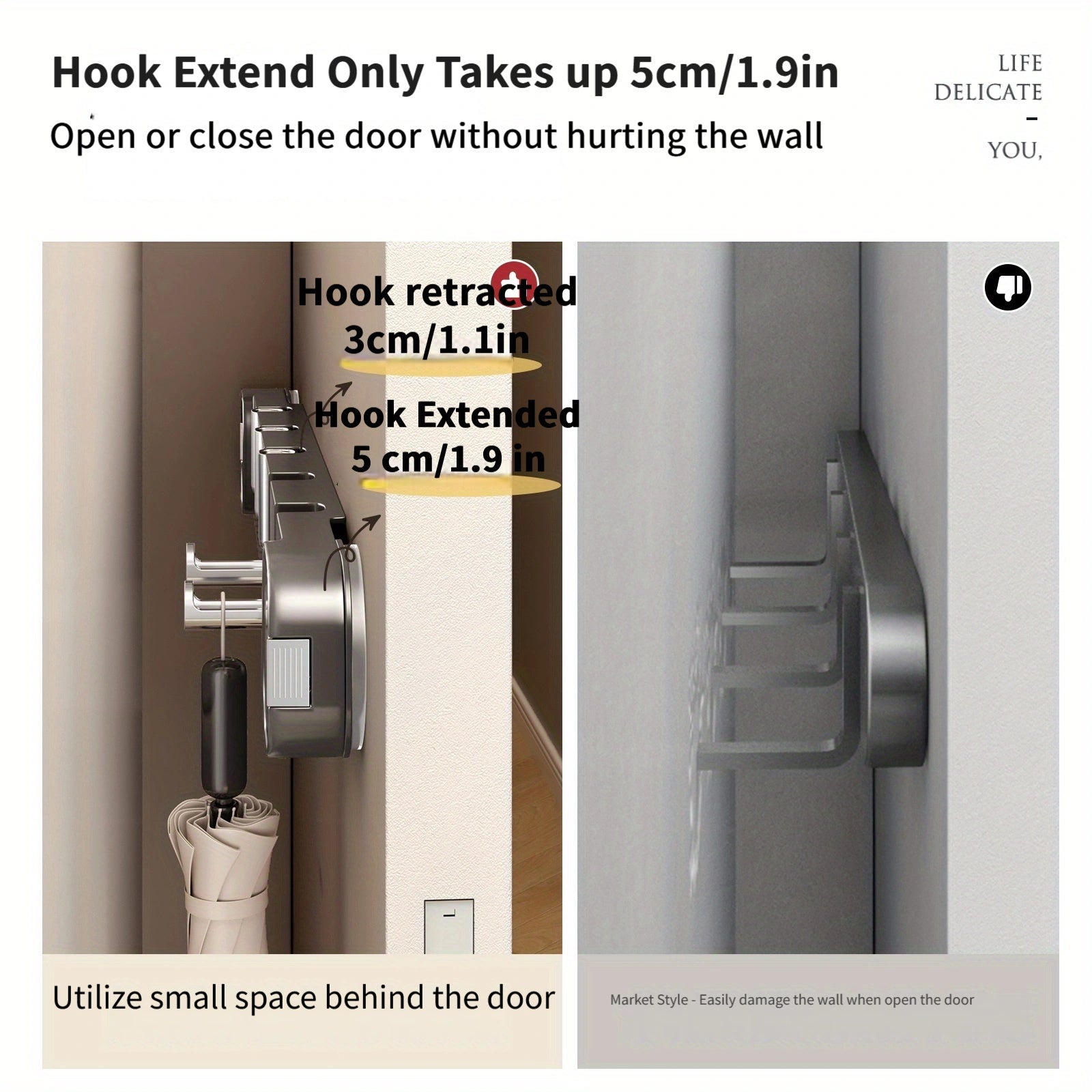 Wall Hook Panel Without Drilling – OrganizePlus Hidden 5-Hook Rack
