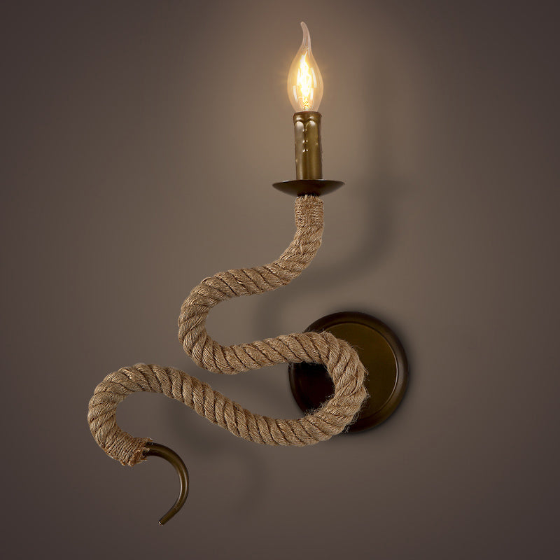 Candle Holder Ropestone Wall Lamp with Curved Design Vintage 1 Light Bedroom Wall Mounted Lamp in Bronze