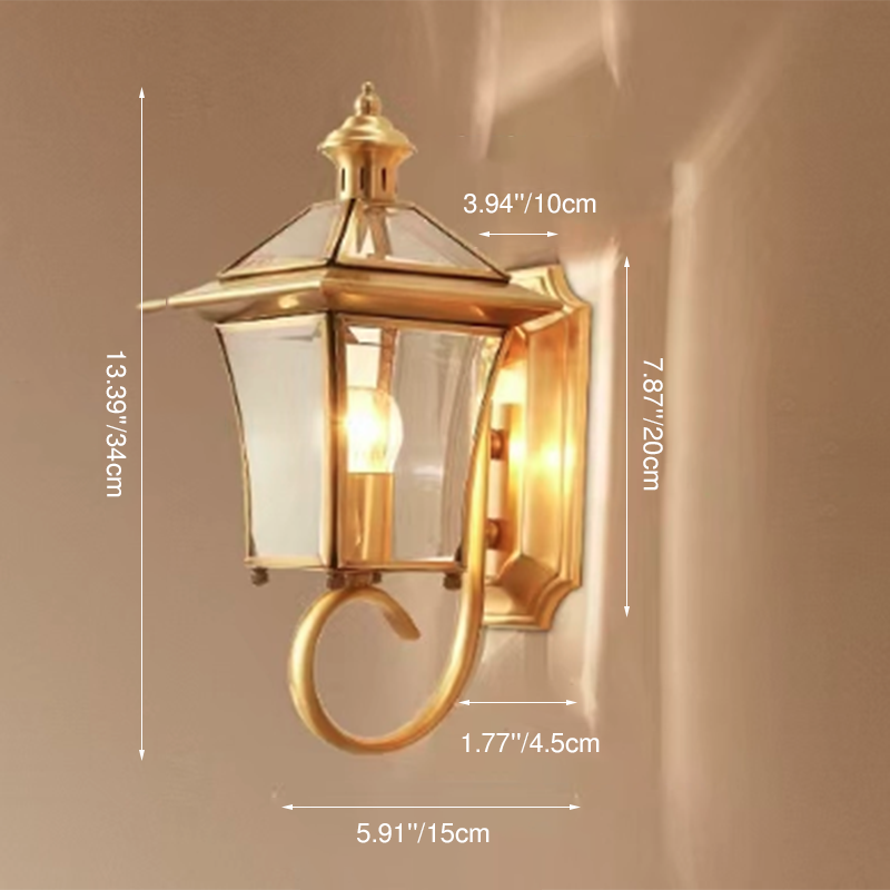 Traditional European Quadrangle Candle Holder Copper Frame Glass Shade 1-Light Wall Sconce Lamp For Garden