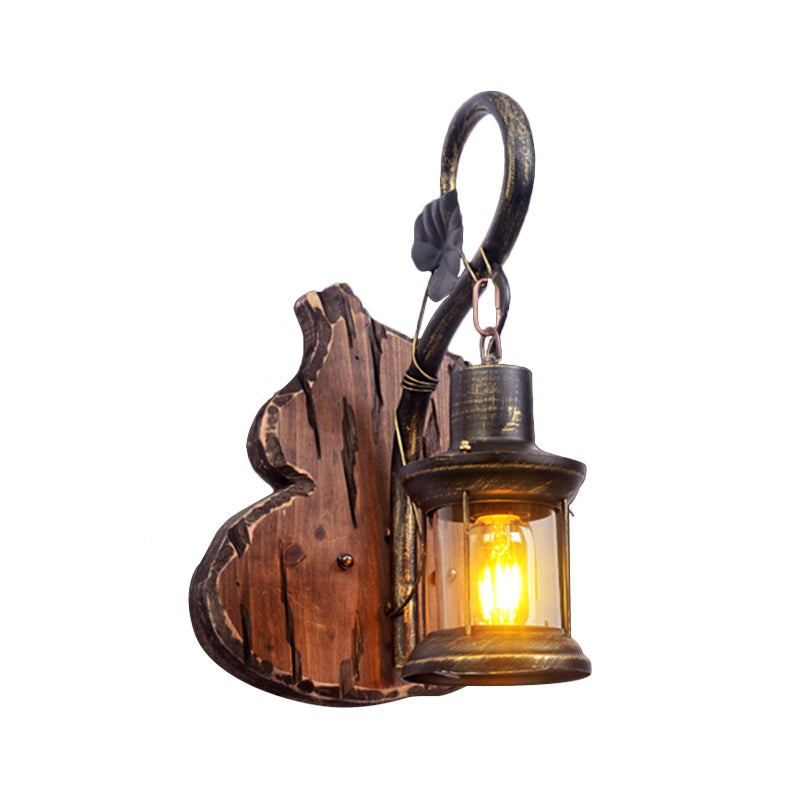 Oval/Fish-shaped Wooden Wall Sconce Light Rustic 1 Head Kitchen Wall-mounted Lamp with Candle/Lantern in Brown