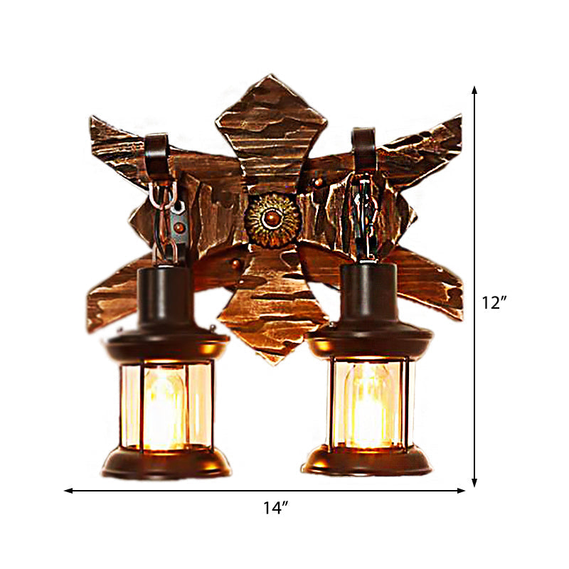 Black Candle/Lantern Wall Lighting Vintage Style Clear Glass/Marble 2-Light Indoor Wall Sconce with Wooden Back Plate