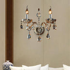 Amber Glass Candle Holder Light Modernism 1/2 Heads Bedroom Wall Light Lamp with Crystal Drop Accent