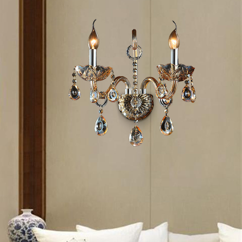 Amber Glass Candle Holder Light Modernism 1/2 Heads Bedroom Wall Light Lamp with Crystal Drop Accent