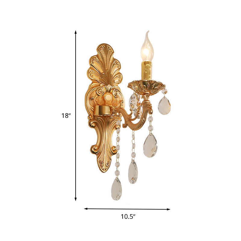 Candle Holder Wall Lamp Postmodern Metal 1/2 Heads Living Room Sconce Lamp in Brass with Crystal Drop Accent
