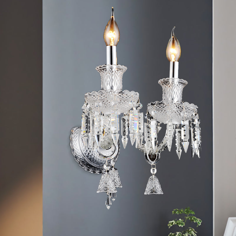Candle holder Clear Glass Wall Lamp Fixture Modern 1/2 Cups Chrome Wall Lamp with Diamond Shaped Crystal Decoration