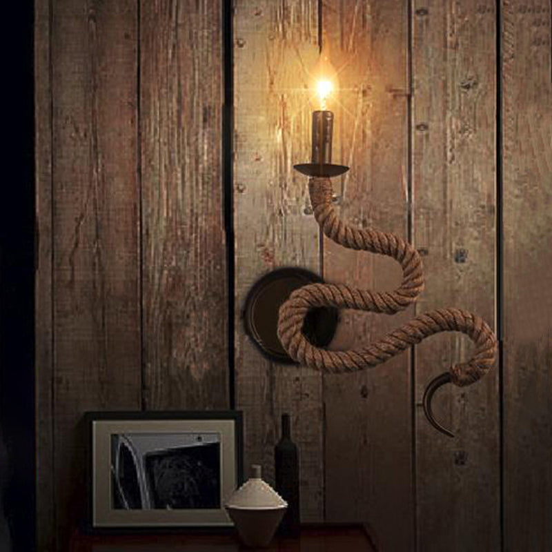 Candle Holder Ropestone Wall Lamp with Curved Design Vintage 1 Light Bedroom Wall Mounted Lamp in Bronze