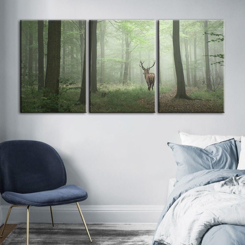 Misty Mystical Deer In The Woods-Canvas Wall Art Painting 3 Pieces