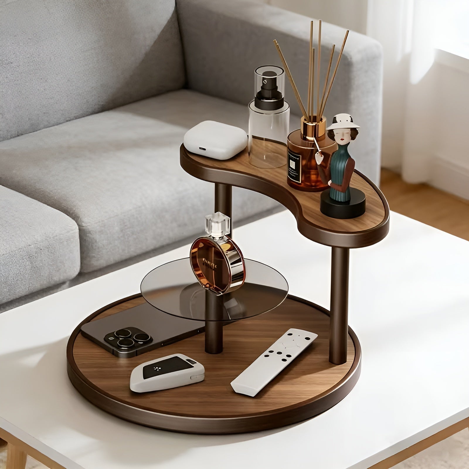 Rotating wooden makeup organizer - 3-tiered and staMerocie | Practical storage for cosmetics