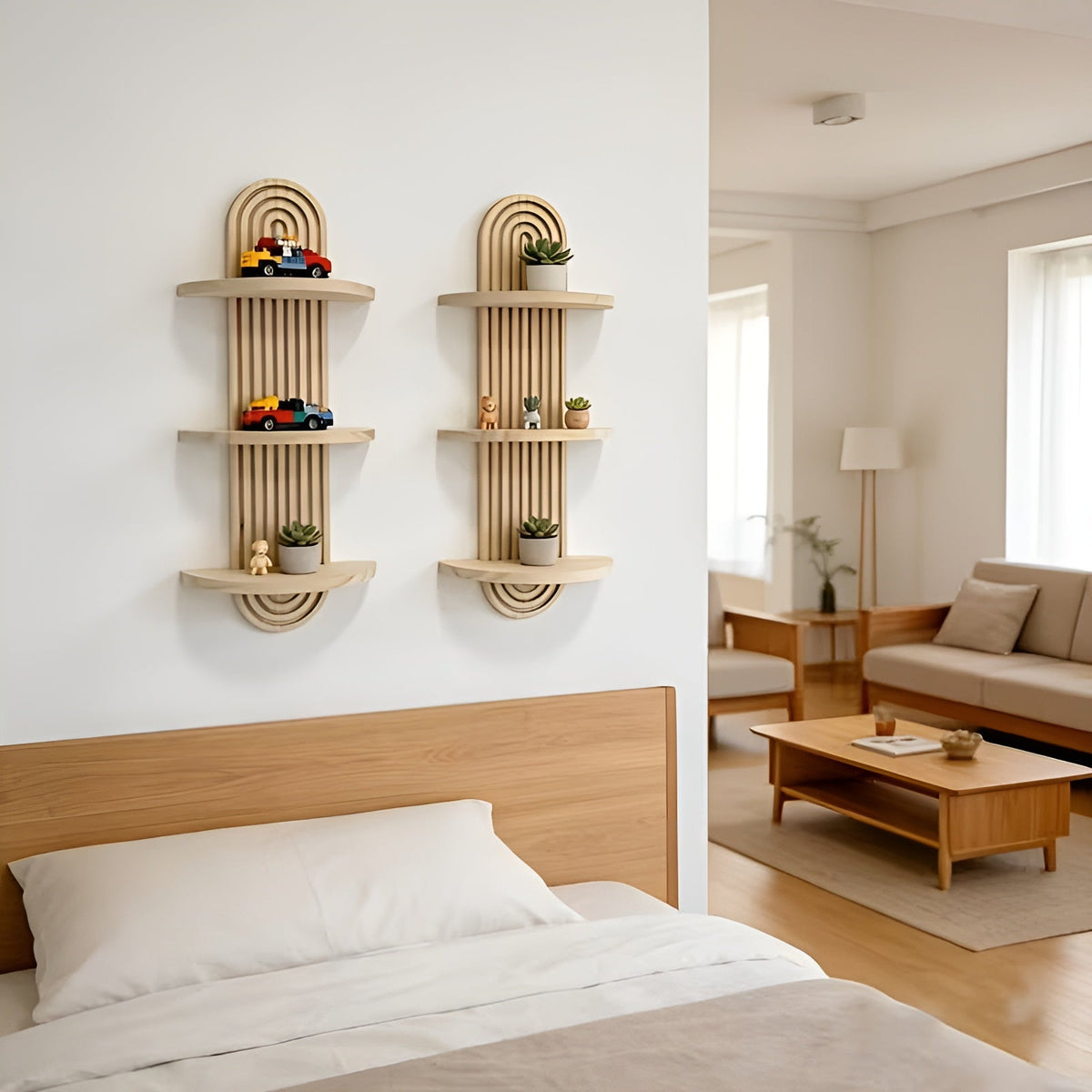 Boho Wall Shelf Made of Solid Wood – Multi-Tier and Space-Saving | For Living Room, Bedroom, and Hallway