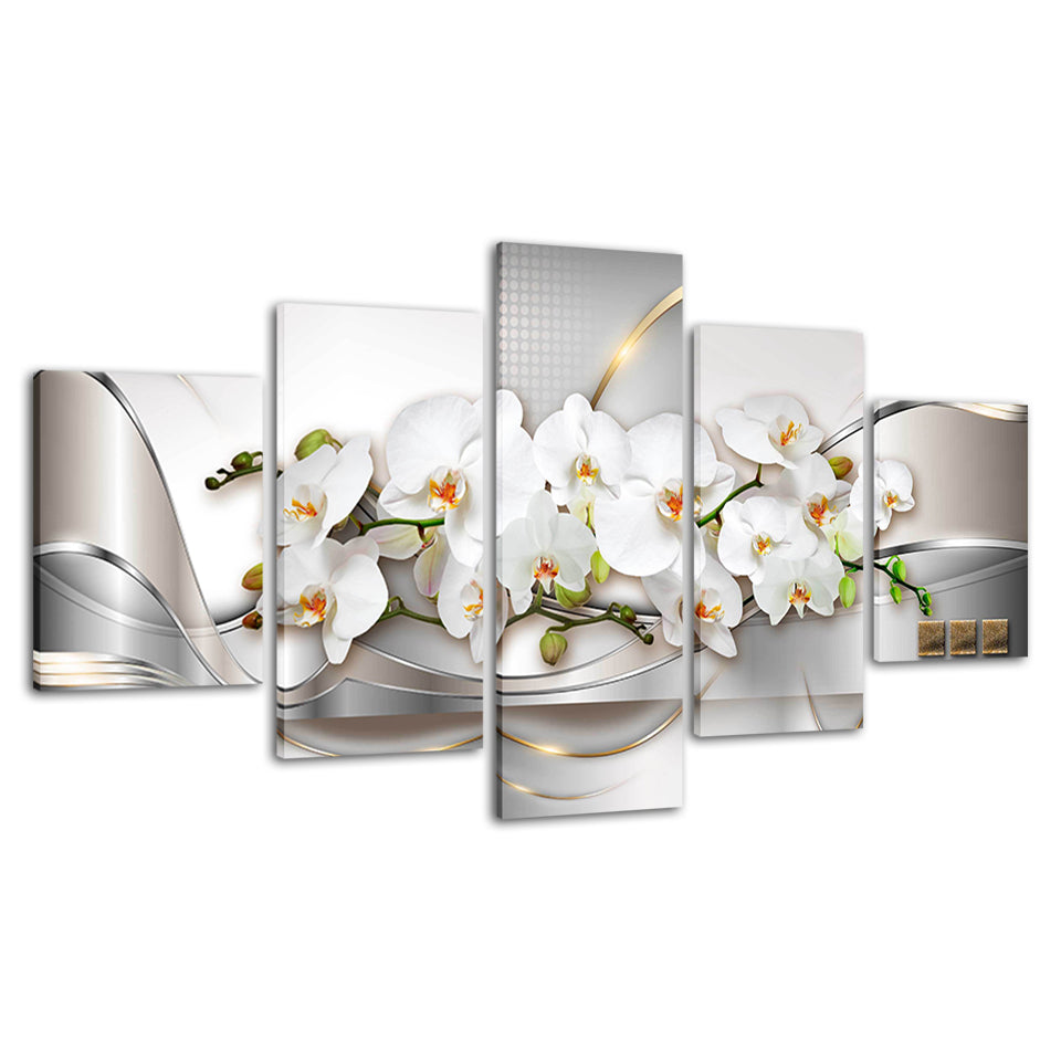 Metallic White Orchids 5 Piece - Canvas Wall Art Painting