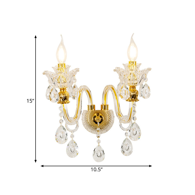 1/2-Bulb Clear Glass Coated Wall Light Vintage Gold Candle Style Lounge Wall Light with Curved Arm