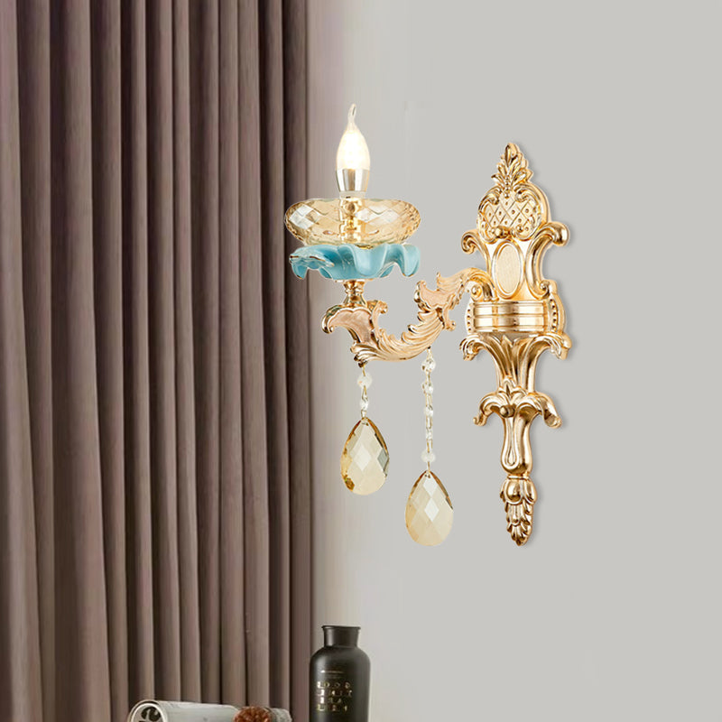 Antiqued Candle Holder Wall Mount Lamp 1/2-Light K9 Crystal Wall Sconce with Ceramic Plastic in Gold