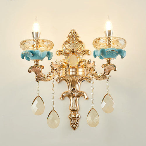 Antiqued Candle Holder Wall Mount Lamp 1/2-Light K9 Crystal Wall Sconce with Ceramic Plastic in Gold