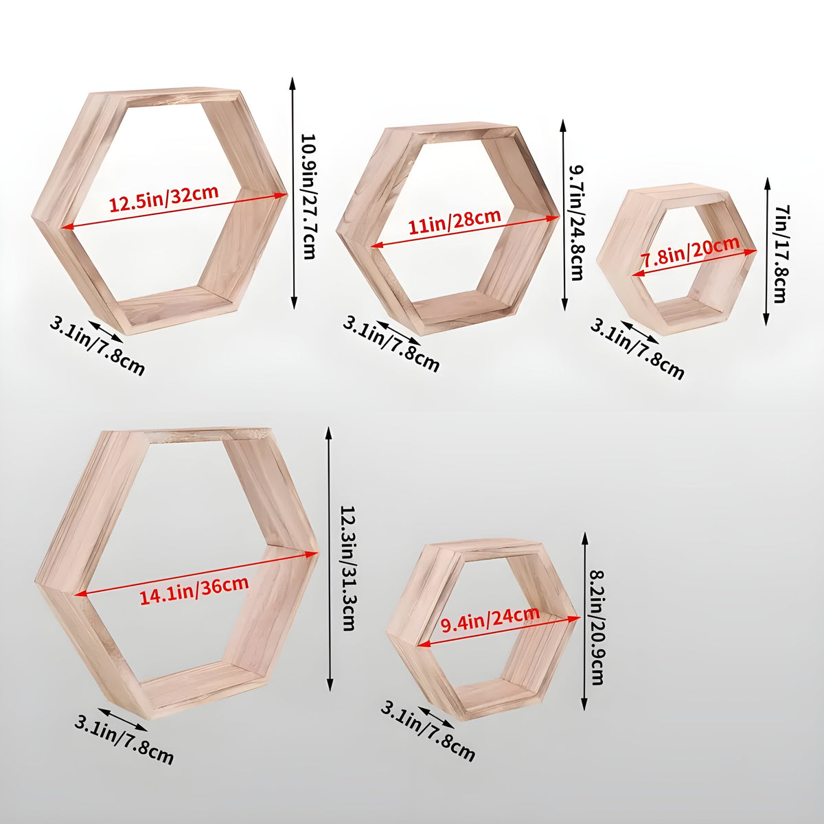 Wall shelf set HexaWood | 5-piece | Hexagon design | Rustic wood look