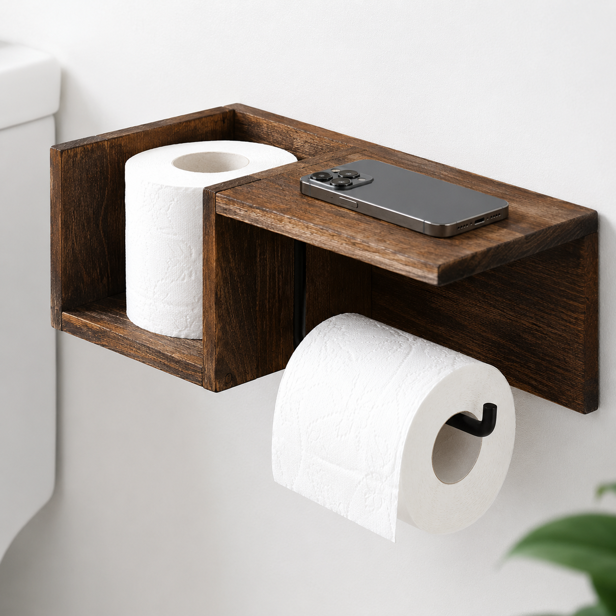Wall-Mounted Wooden Toilet Paper Shelf Organizer with Metal Roll Holder and Storage Cubby
