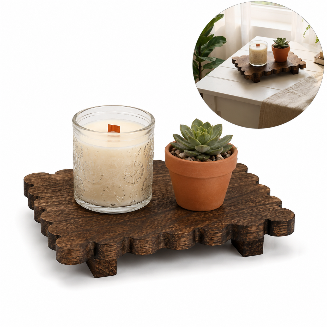 Scalloped reclaimed wood display pedestal for candles and succulents