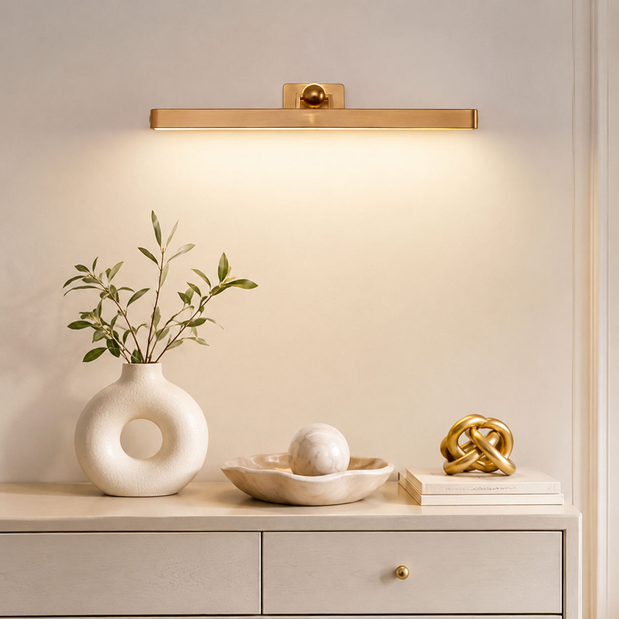 Minimalist Floating Wall Lamp with Brass Ball Accent in Solid Beech Wood
