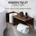 Wall-Mounted Wooden Toilet Paper Shelf Organizer with Metal Roll Holder and Storage Cubby