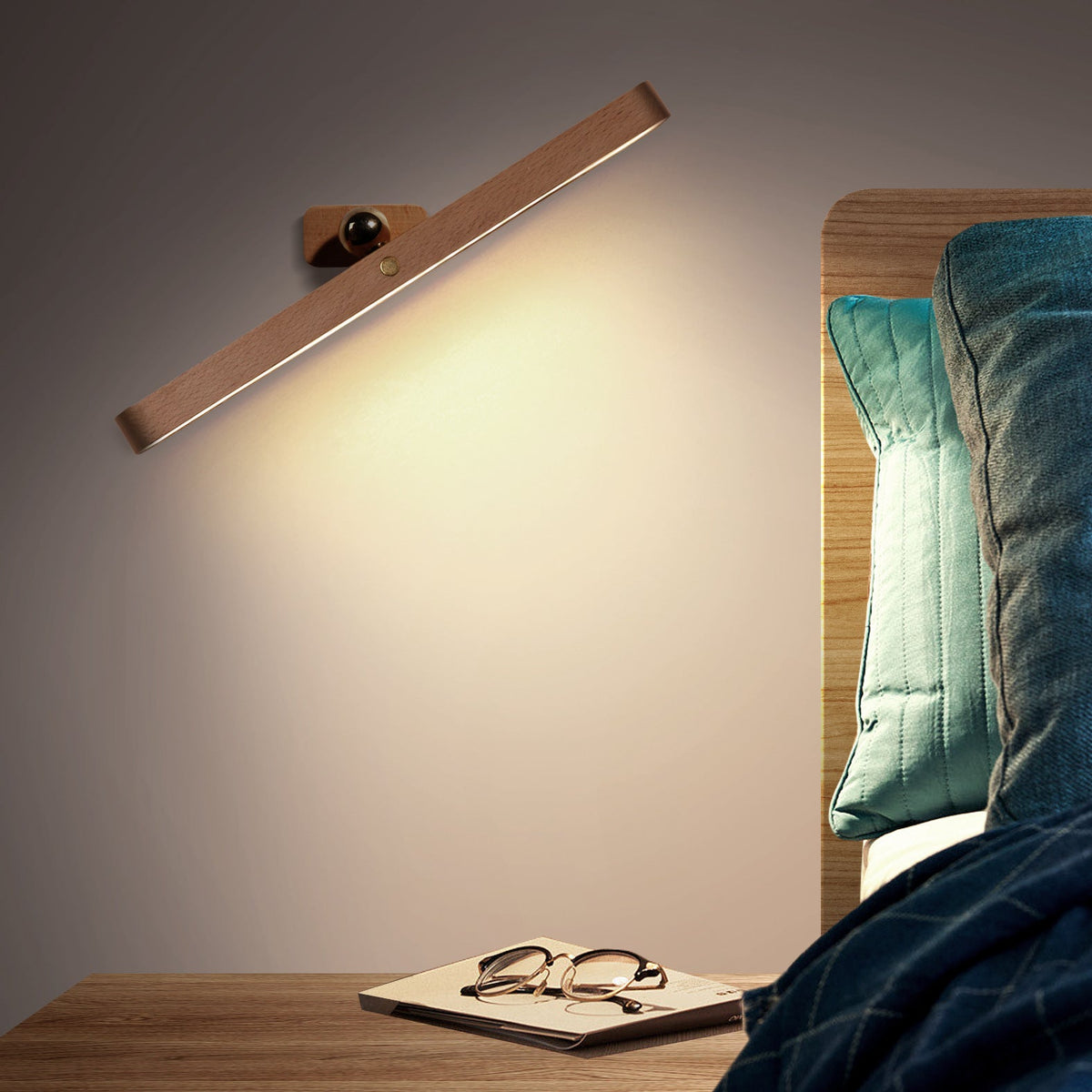 Minimalist Floating Wall Lamp with Brass Ball Accent in Solid Beech Wood