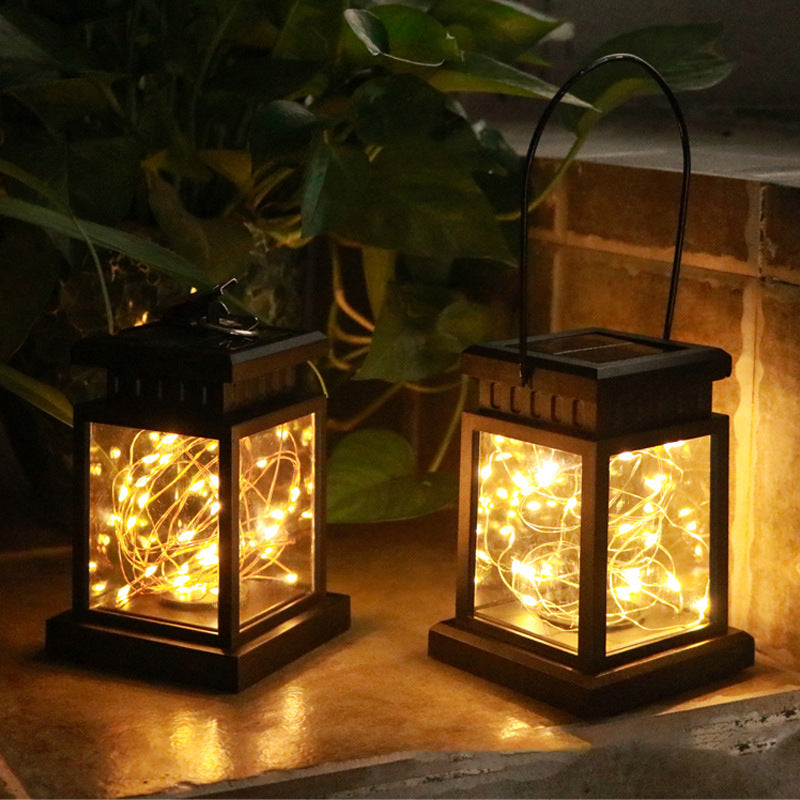 Rustic Hanging Solar Lantern With Flickering LED Candle And Waterproof Glass Panels