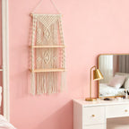 Macrame Hanging Wall Shelf Organizer With Tiered Wooden Ledges And Decorative Fringe