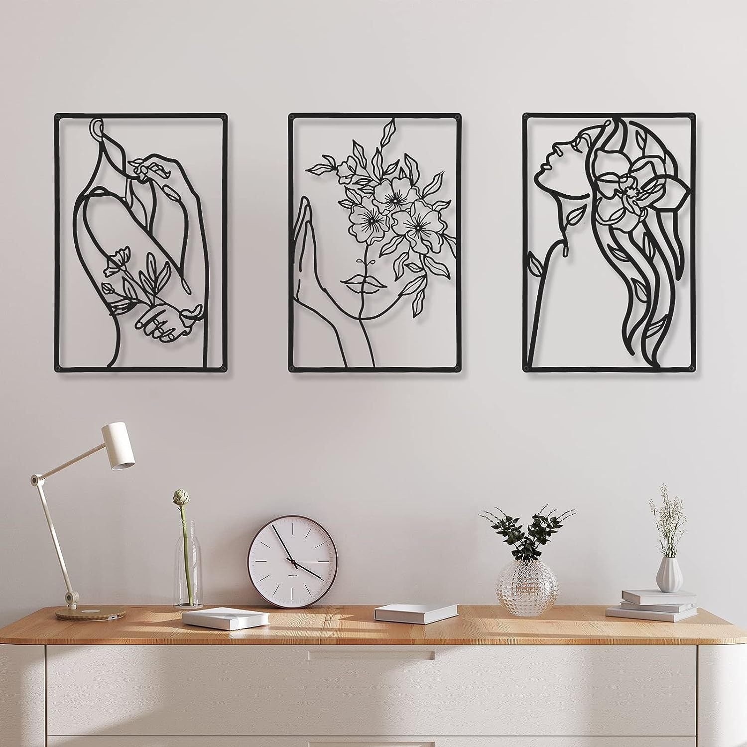 Minimalist Metal Line Art Floral Portrait Triptych Wall Panels Meroci
