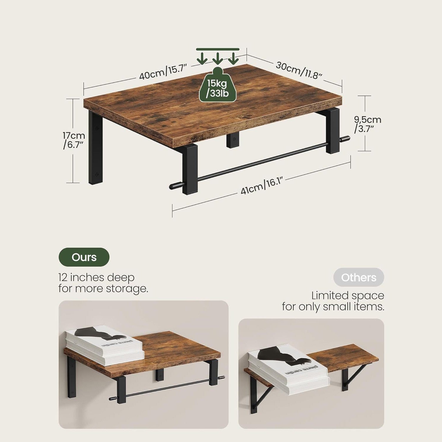 Wall shelf with industrial wood-metal design
