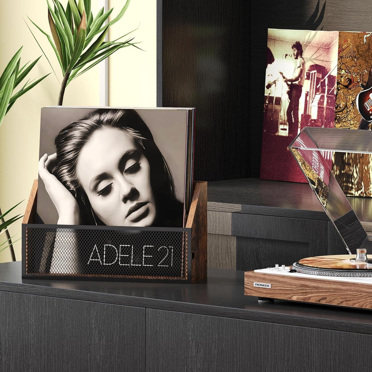 Wall shelf made of vintage wood with decorative metal grid