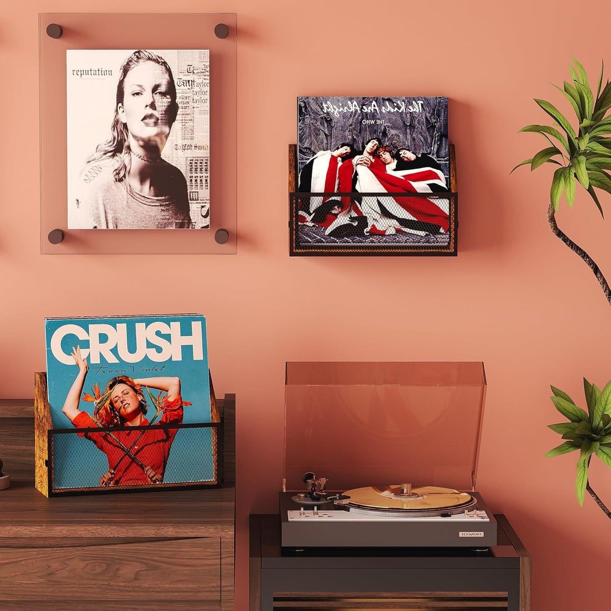 Wall shelf made of vintage wood with decorative metal grid