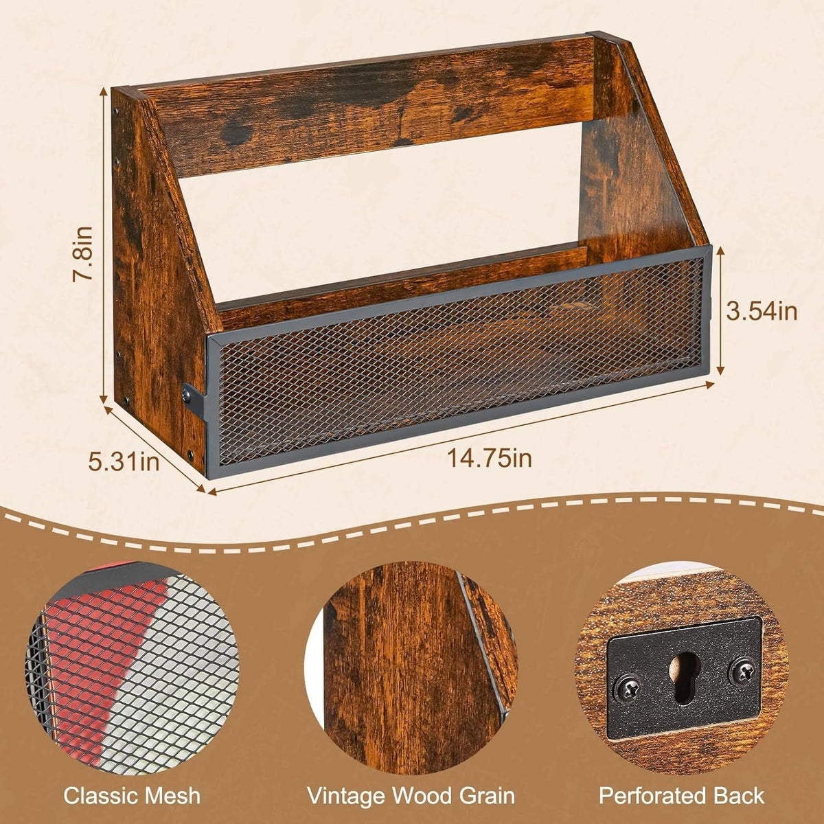Wall shelf made of vintage wood with decorative metal grid