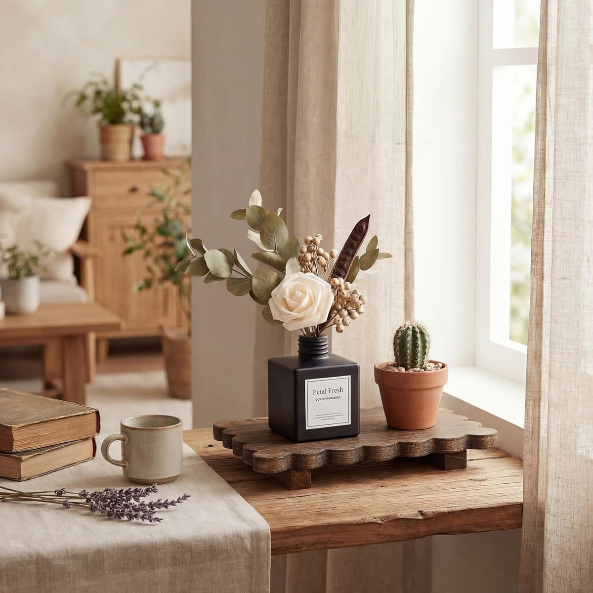 Scalloped reclaimed wood display pedestal for candles and succulents