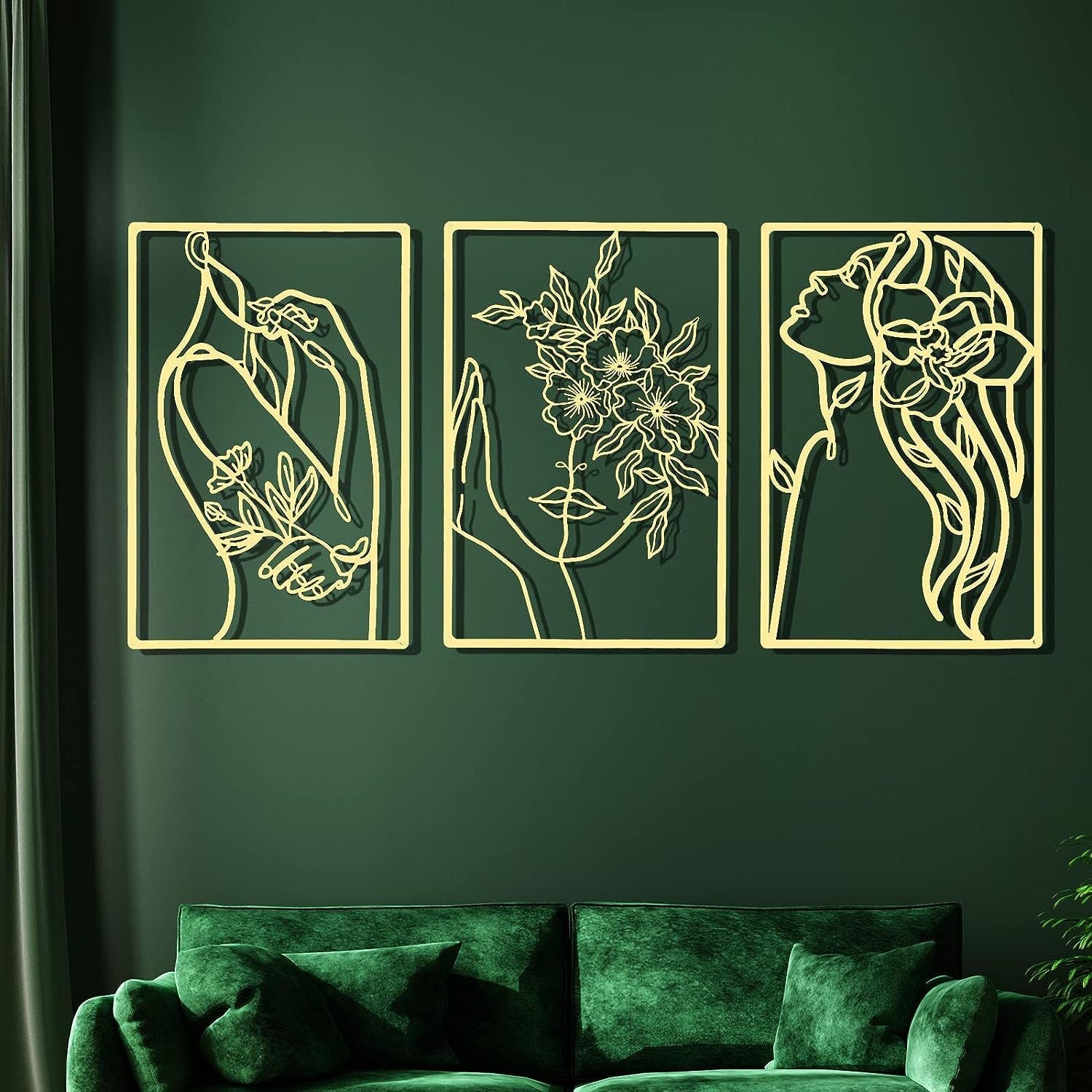 Minimalist Metal Line Art Floral Portrait Triptych Wall Panels Meroci