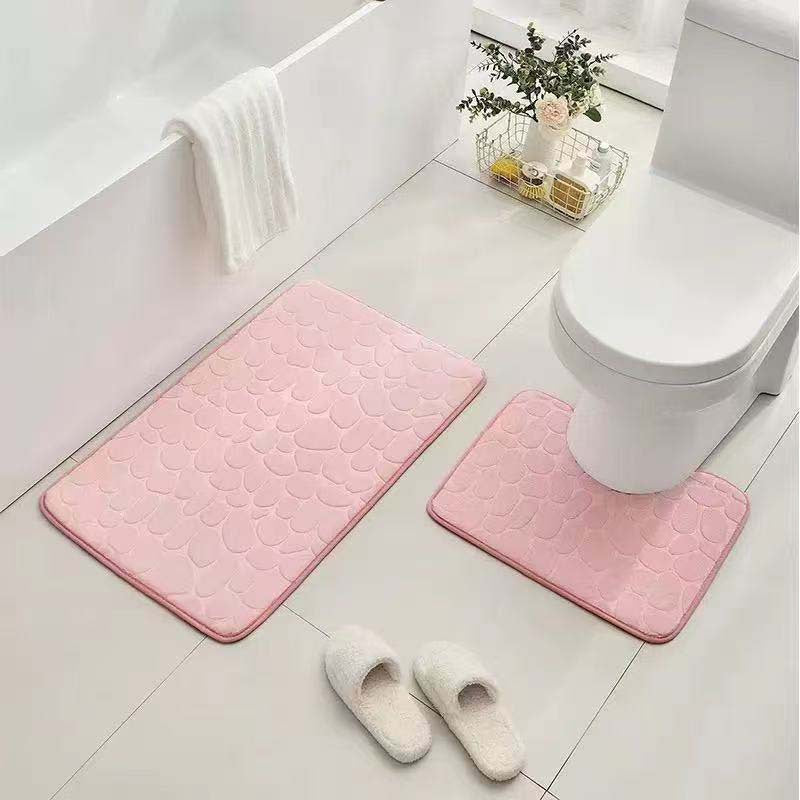 Pebble-Texture Memory Foam Bath Mat Set with U-Shaped Toilet Contour and Rectangular Non-Slip Rug