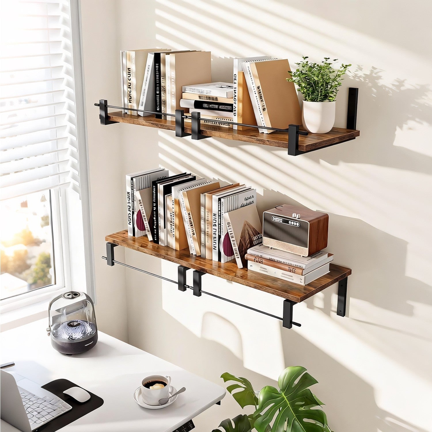 Wall shelf with industrial wood-metal design