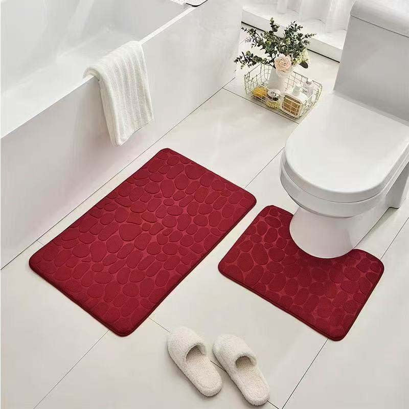 Pebble-Texture Memory Foam Bath Mat Set with U-Shaped Toilet Contour and Rectangular Non-Slip Rug