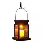 Rustic Hanging Solar Lantern With Flickering LED Candle And Waterproof Glass Panels