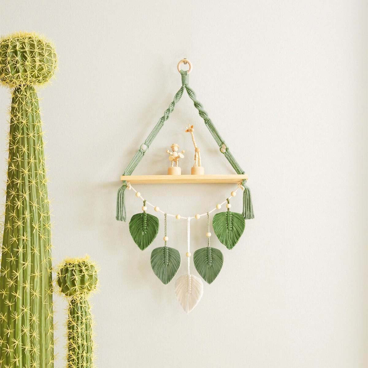 Macramé plant shelf with artistic leaf design