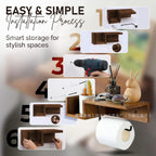 Wall-Mounted Wooden Toilet Paper Shelf Organizer with Metal Roll Holder and Storage Cubby