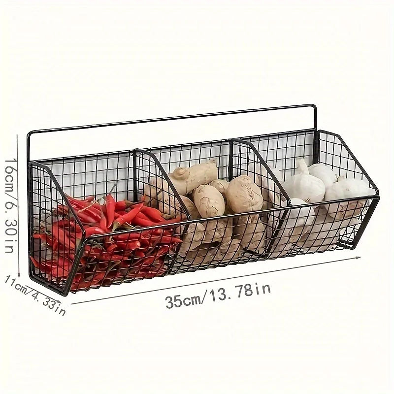 KITCHEN BASKET 3in1 Storage Rack | For Onion, Garlic & Ginger | Rustproof & Wall-mounted – Black