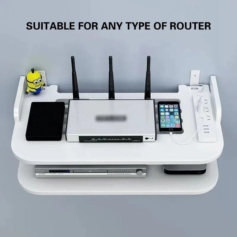 SkyConnect Home | WLAN Router Wall Shelf | Hidden Cable Organizer & Socket Holder | Floating Shelf for TV Box & More | White | 40×12×8 cm