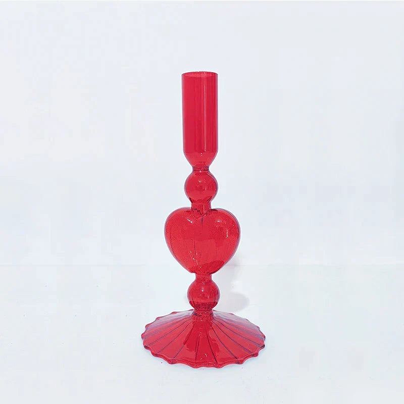 Retro Taper Candle Holder Red Heart Shape Glass Candle Holder Wedding Table Decoration Home Party Glass Vase Decor