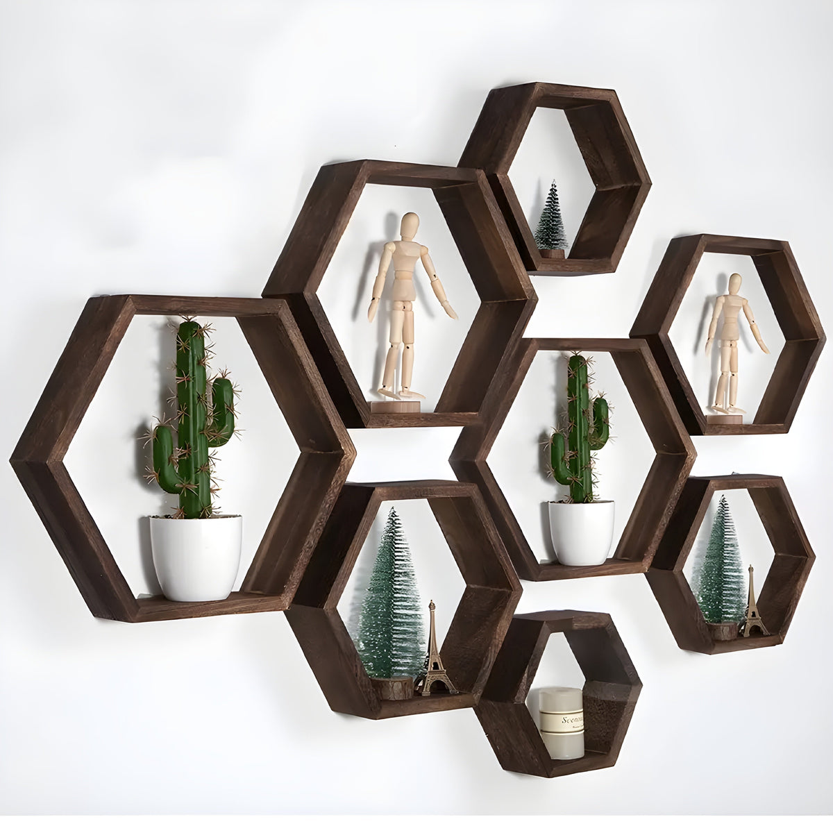 Wall shelf set HexaWood | 5-piece | Hexagon design | Rustic wood look