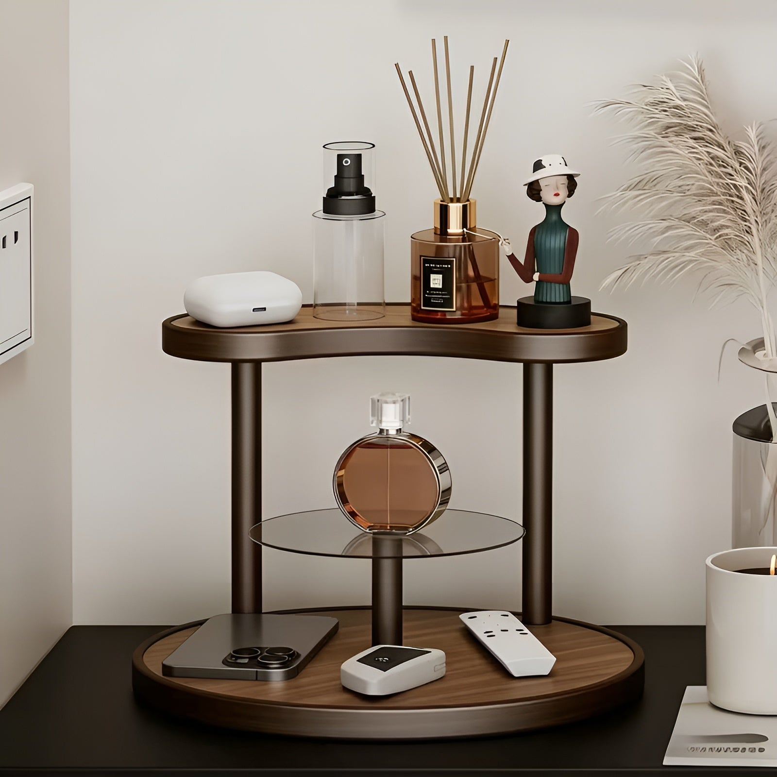 Rotating wooden makeup organizer - 3-tiered and staMerocie | Practical storage for cosmetics
