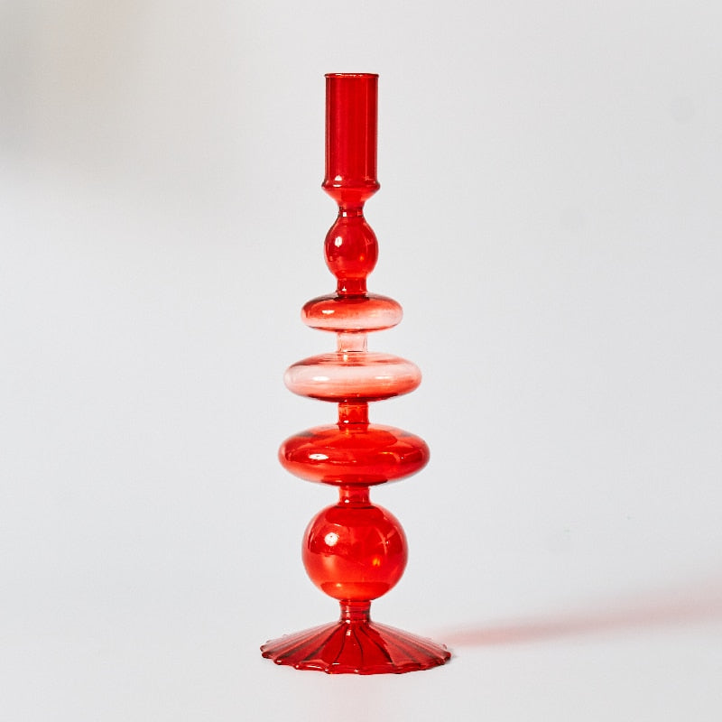 Cherry Red Glass Stick Candle Holder & Vases